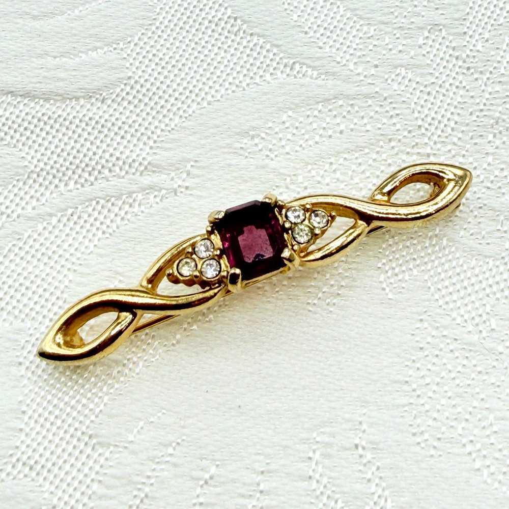Vintage Gold Tone Deco Filigree Bar Brooch Pin with Purple & Clear Rhinestones